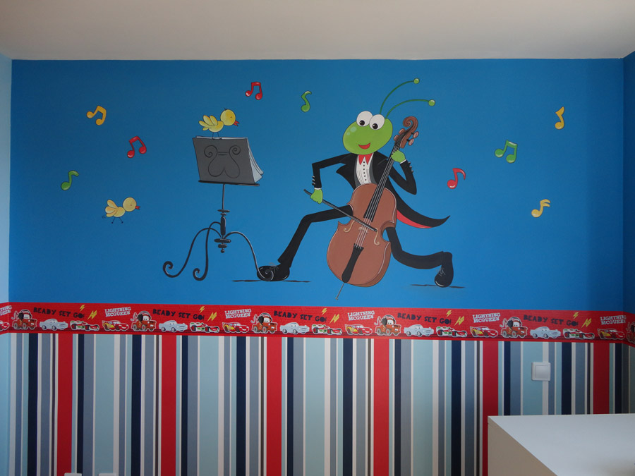mural musico, dibujos de notas musicales en la pared